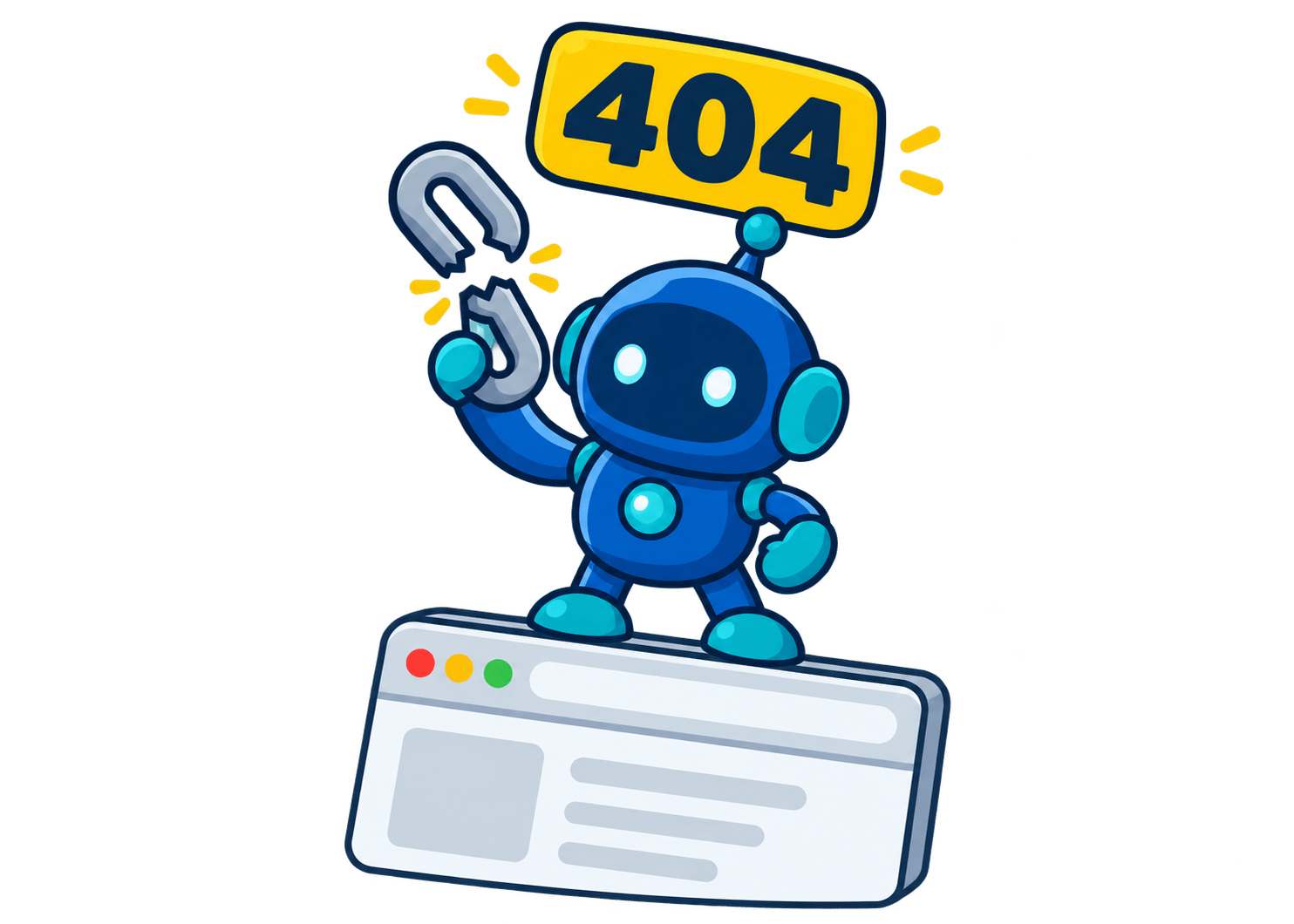 The RJLCustom404 robot holding a broken link, standing on a browser window under a 404 tag